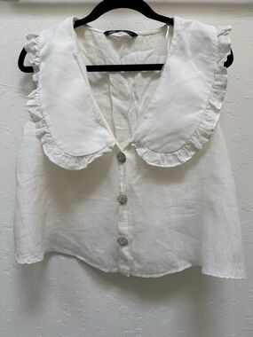 EUC Zara 100% Linen White Peter Pan Collar Button-Front Summer Blouse
